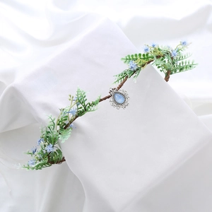 Handmade flower crown headband with blue petals and vintage crystal pendant