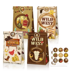 Détail d'un ensemble de sacs cadeaux Cowboy Western avec crânes, bottes et autocollants