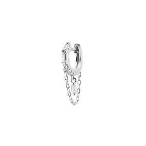 Close-up of S925 silver huggie hoop earrings with zircon tassels and geometric charms