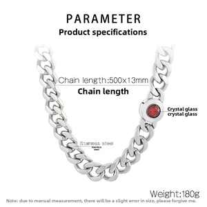 Polished 13mm stainless steel Cuban link necklace with red crystal pendant details