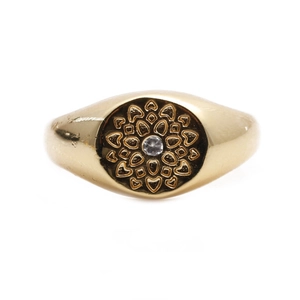 Gold-plated lotus flower ring with zircon stone and etched mandala patterns
