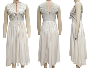 Detailed front and back view of a slim V-neck maxi dress with tie-front detail