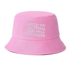 Pink cotton bucket hat featuring white embroidered I LOVE MY BODY and I AM ENOUGH slogans