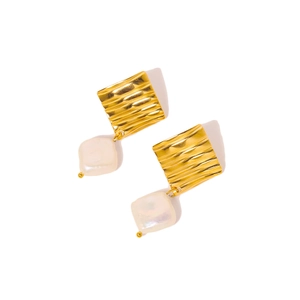 Minimalist baroque pearl earrings with gold wave texture and white square drops