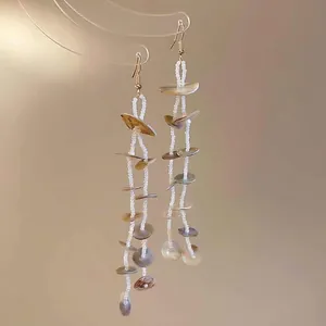 Bohemian shell geometric beaded tassel earrings with gold hooks for beach vacations