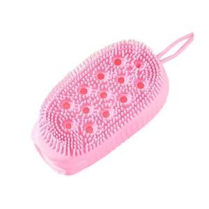 Pink silicone bath brush with soft bristles and hanging rope for skin exfoliating