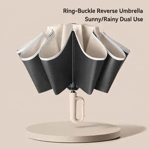 Automatic Reverse Folding Umbrella UV Protection Windproof Sun Rain Parasol Ring Hook Handle Reflective Strip Large Canopy