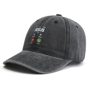 Vintage washed charcoal baseball cap featuring creative Jesus calling print design