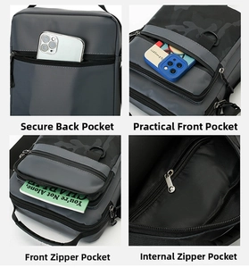 Detail view of multi-pocket tactical crossbody bag with water-resistant camouflage fabric