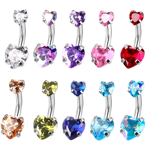 Set of 10 colorful heart-shaped cubic zirconia belly rings in polished stainless steel