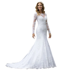 Elegant white lace mermaid wedding dress with deep V-neck, long sleeves and long train