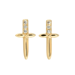 Detailed view of gold dagger-shaped hoop earrings with sparkling inset crystals