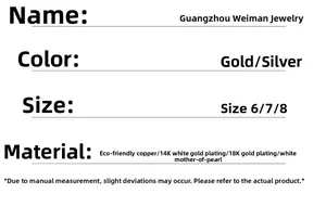 Size chart showing gold and silver mother of pearl rings in sizes 6, 7, and 8