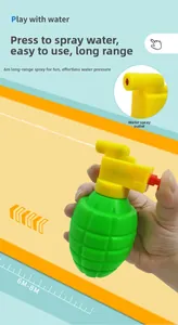 Detail of grenade-shaped water gun with yellow spray nozzle and 6-8m range