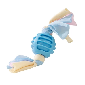 Durable blue rubber teething ball with colorful fabric strips for small dog dental health