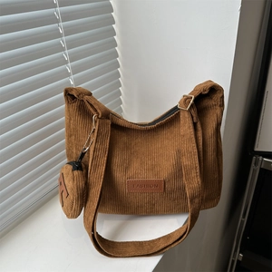 Brown corduroy large capacity tote bag with fashion patch and matching coin pouch