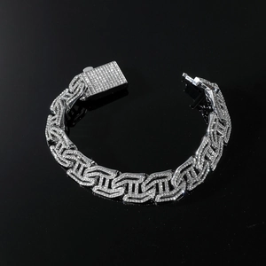 Hip hop silver Cuban chain bracelet with iced-out rhinestones and square box clasp