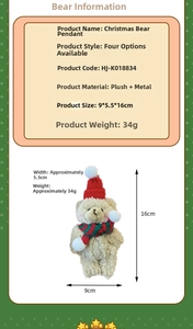 Especificaciones técnicas y guía de tallas para el colgante de oso de Navidad de felpa.