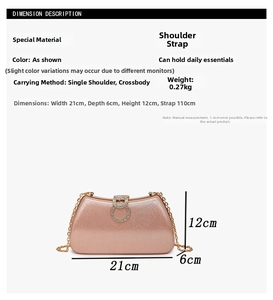 Detailed dimensions of champagne pink glitter evening clutch bag with size and strap specs
