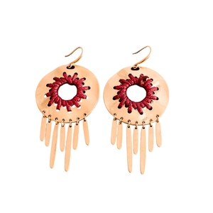 Bohemian gold hollow round earrings with red woven center and long metal fringe tassels