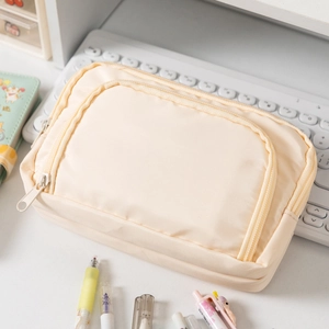 Großes Federmäppchen in Creme mit Sichtfenster und doppeltem Reißverschluss-Design