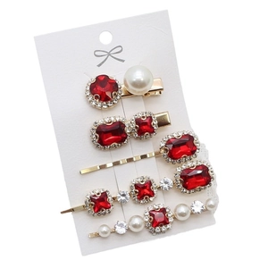 5Pcs vintage gold hair clips set with emerald-cut red crystals and white pearls