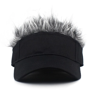 Close-up detail of silver grey synthetic hair attached to a black cotton sun visor cap