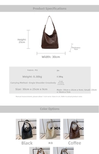 Detailed size specifications and color options for the minimalist PU leather bucket bag