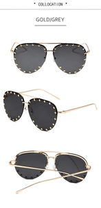 Three views of gold aviator sunglasses with grey lenses and rivet frame details