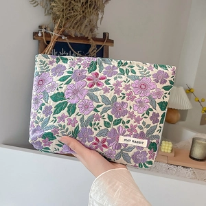Floral embossed jacquard toiletry bag with purple flower embroidery for travel