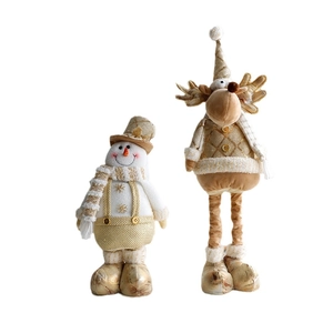 Golden Christmas snowman and reindeer plush dolls with retractable legs for home decor