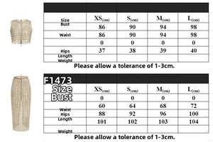 Size chart showing XS to L measurements for sleeveless crop top and plaid maxi skirt set