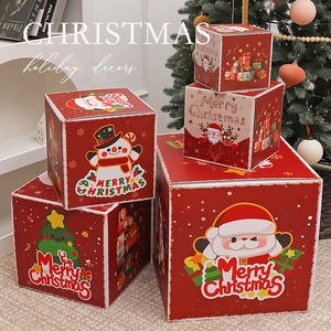 Christmas Gift Boxes Paper Square Cubic Holiday Packaging Cartoon Santa Snowman Reindeer Patterns Festive Decor