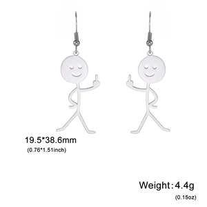 Creative silver matchstick man earrings with funny middle finger gesture in hip hop style
