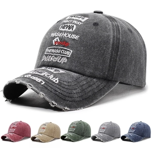 Vintage Washed Cotton Baseball Cap Distressed Letter Embroidery Adjustable Sun Hat Retro Streetwear For Men Women