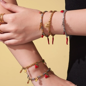 18k gold plated beaded bracelet set with enamel strawberry chili charms and cutout ring