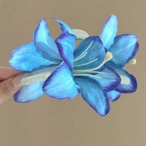 Elegant purple lily flower hair claw clip with gradient petals and transparent base