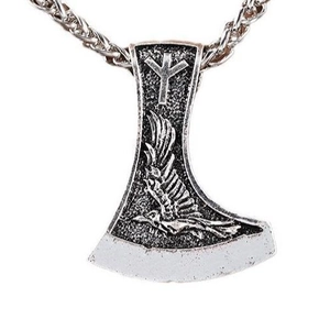 Vintage Viking axe pendant necklace in silver stainless steel with double-sided eagle engraving
