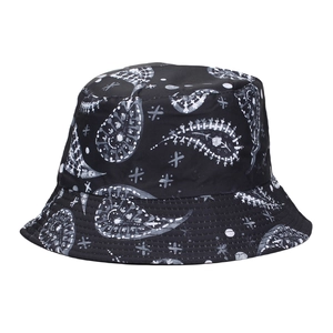 Unisex black paisley bucket hat with white digital floral print for sun protection