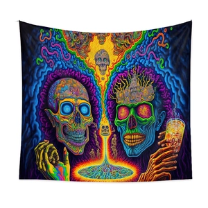 Detail of psychedelic skull tapestry featuring glowing eyes and vibrant neon energy lines