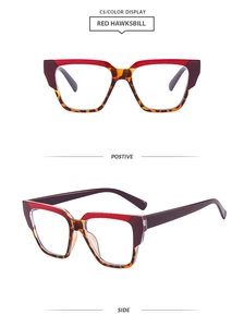 Detail view of red hawksbill TR90 square glasses frames from positive and side angles