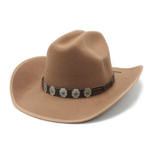 Detailed view of brown felt cowboy hat with turquoise-studded leather band and silver accents