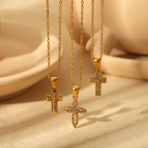 Cross Pendant Necklace And Earrings Stainless Steel Sparkling Rhinestone Fashion Clavicle Chain Religious Jewelry Women