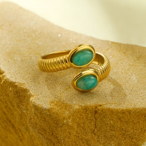Minimalist gold-plated stainless steel open ring with dual oval turquoise stones on rock