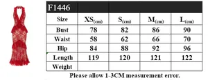 Size chart showing bust, waist, and hip measurements for this red backless lace dress