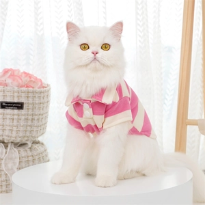 Pink and white striped pet polo shirt in breathable pique fabric for small dogs and cats