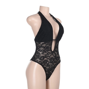 Close-up of black lace hollow out bodysuit featuring halter neck and V-neck floral patterns