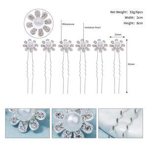 Dettagli di 6 forcine per capelli con fiori di strass, perle e design a U ondulato