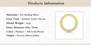Detailed spec sheet for 925 sterling silver gold plated nose ring with cubic zirconia