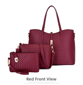 Ensemble 3 pièces de sacs bordeaux à texture tressée avec cabas et sac bandoulière